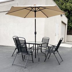 New $135 Outdoor 6pcs Patio Set with 32x32” Table, 4pc Folding Chairs and 10ft Tilt Umbrella 