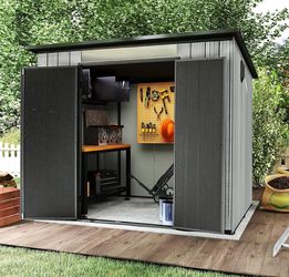 New in Box Domi 6x8 FT Resin Storage Outdoor Shed Plastic Outdoor Shed with Carpet