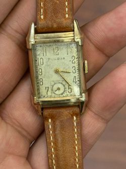 Bulova vintage 10k gold  Rectangular  Watch with Brown Leather Strap rare unisex