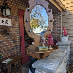Vintage CottageCore Butler Hall Mirror With Shelf & Porcelain Hooks