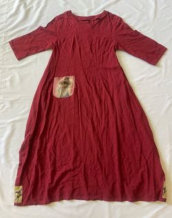 Women Linen Shirt Maxi Dress 3/4 Sleeve Pocket Front Tie Back Burgundy One Size
