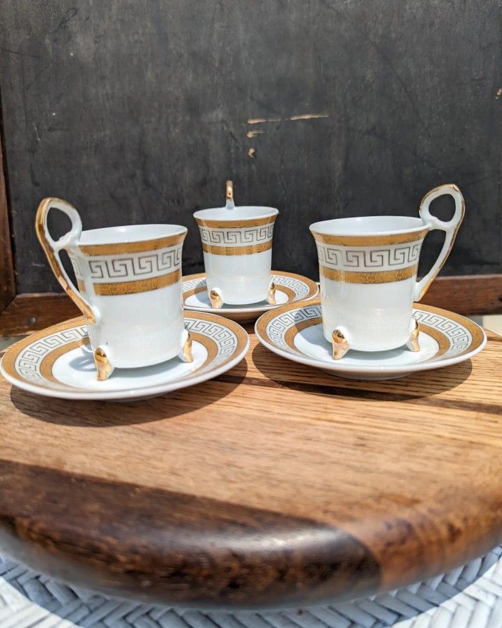 Set Of 3 Espresso Cups And Saucers With Greek Key Motif 