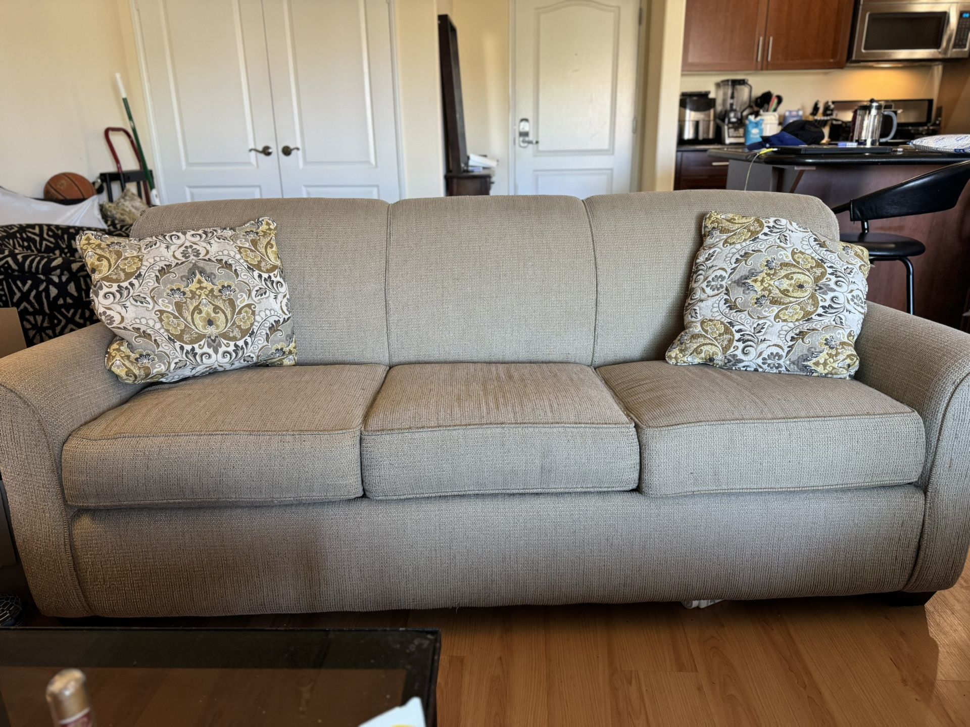 Beige Sofa with Built-In Air Mattress Bed – Great Condition