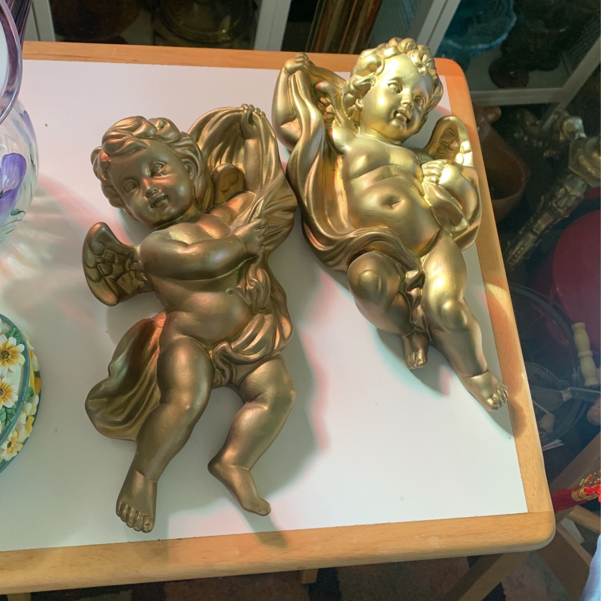Vintage Homco Pair of Cupids, Wall Decor, Antique Gold Finish, #1120, Measure approx. 10 3/4" tall x 5 1/4" wide, With Built in Hangers
