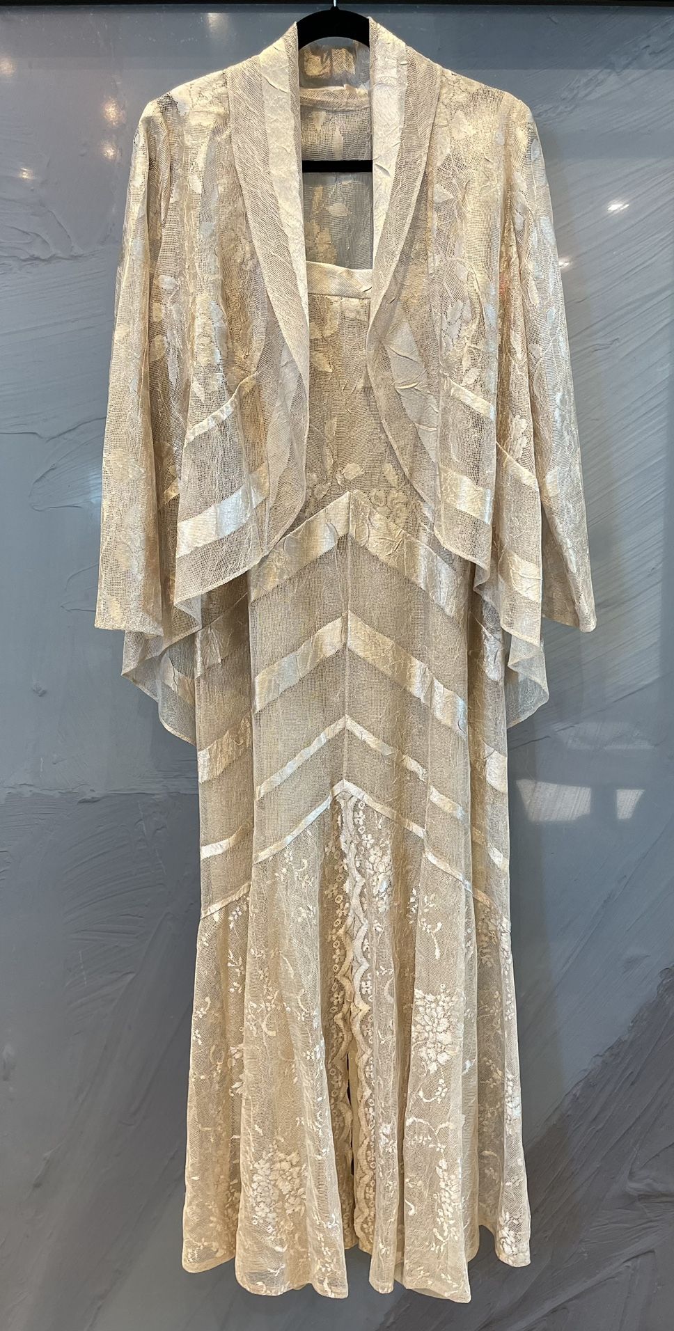 DAMIANOU  MAXI SHIMMERING SHEER LACE METALLIC GOLD/BRONZE DRESS/GOWN. Sz Lrg