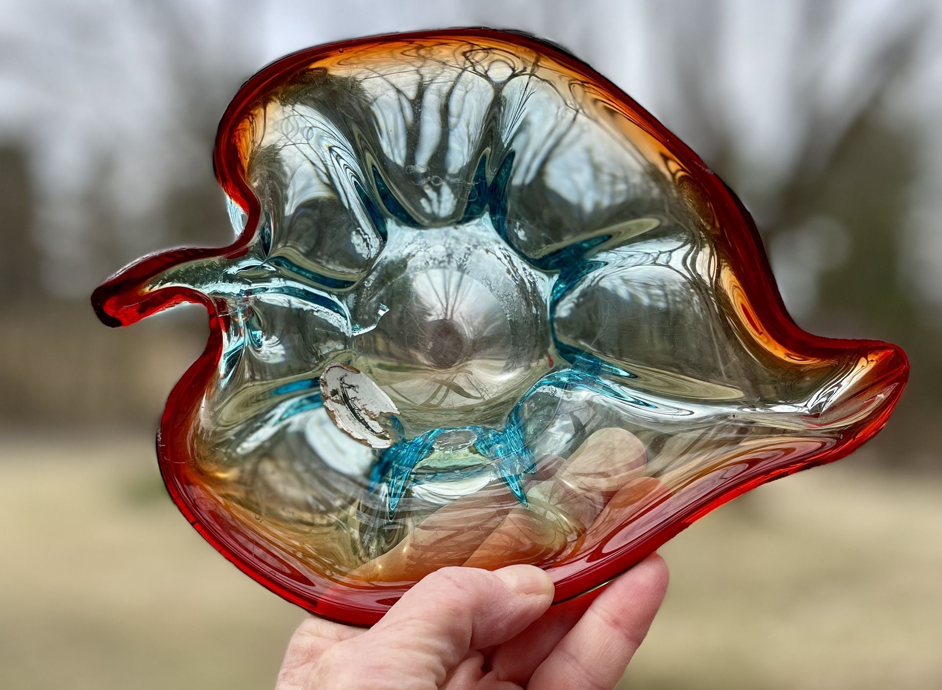 Murano 8x6” Heavy Glass Leaf Bowl/Dish. MultiColor Reds, Blues, Orange