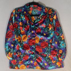 Vtg Notations Petite Floral Blouse Satin Trim Colorful Rose Button Up Shirt Top Lg?