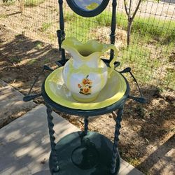 Vintage Wooden Wash Stand With Mirror Double Candle Holder