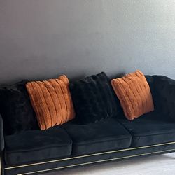 Black Velvet Roll Arm Sofa With 2 Side Chairs