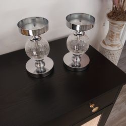 Two Matching Candle Holders Silver With Glass In Middle 