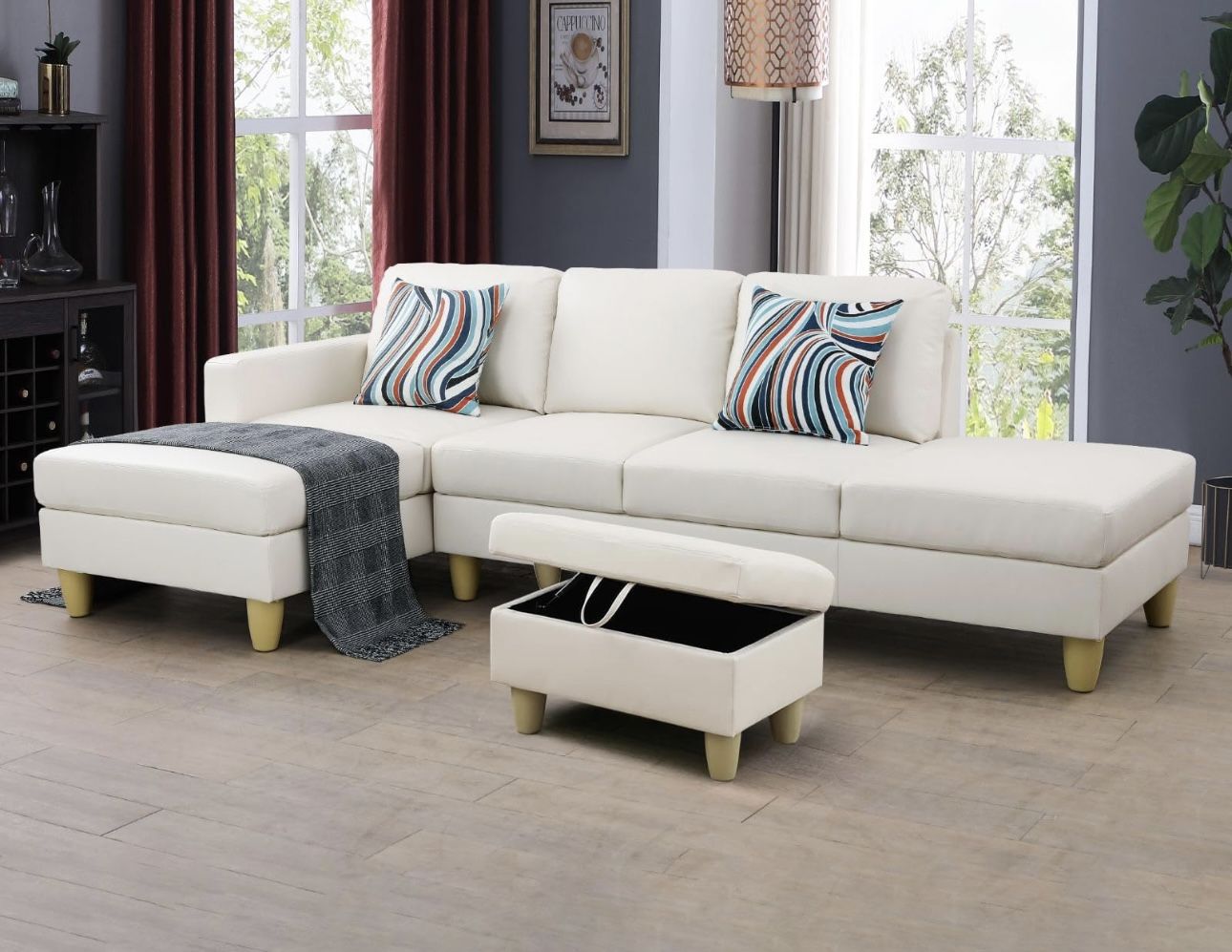 White Leather Sectional Couch And Ottoman