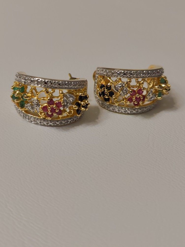Ruby, Sapphire, Emerald And Diamond Earrings