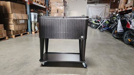 80 Quart Wicker Patio Rolling Cooler Cart On Wheels W/ Tray Ice Chest Backyard Patio Furniture