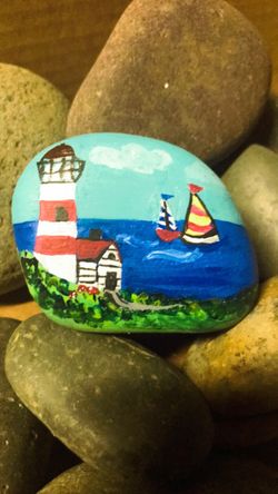 Hand Painted Lighthouse And Sailboat Rock