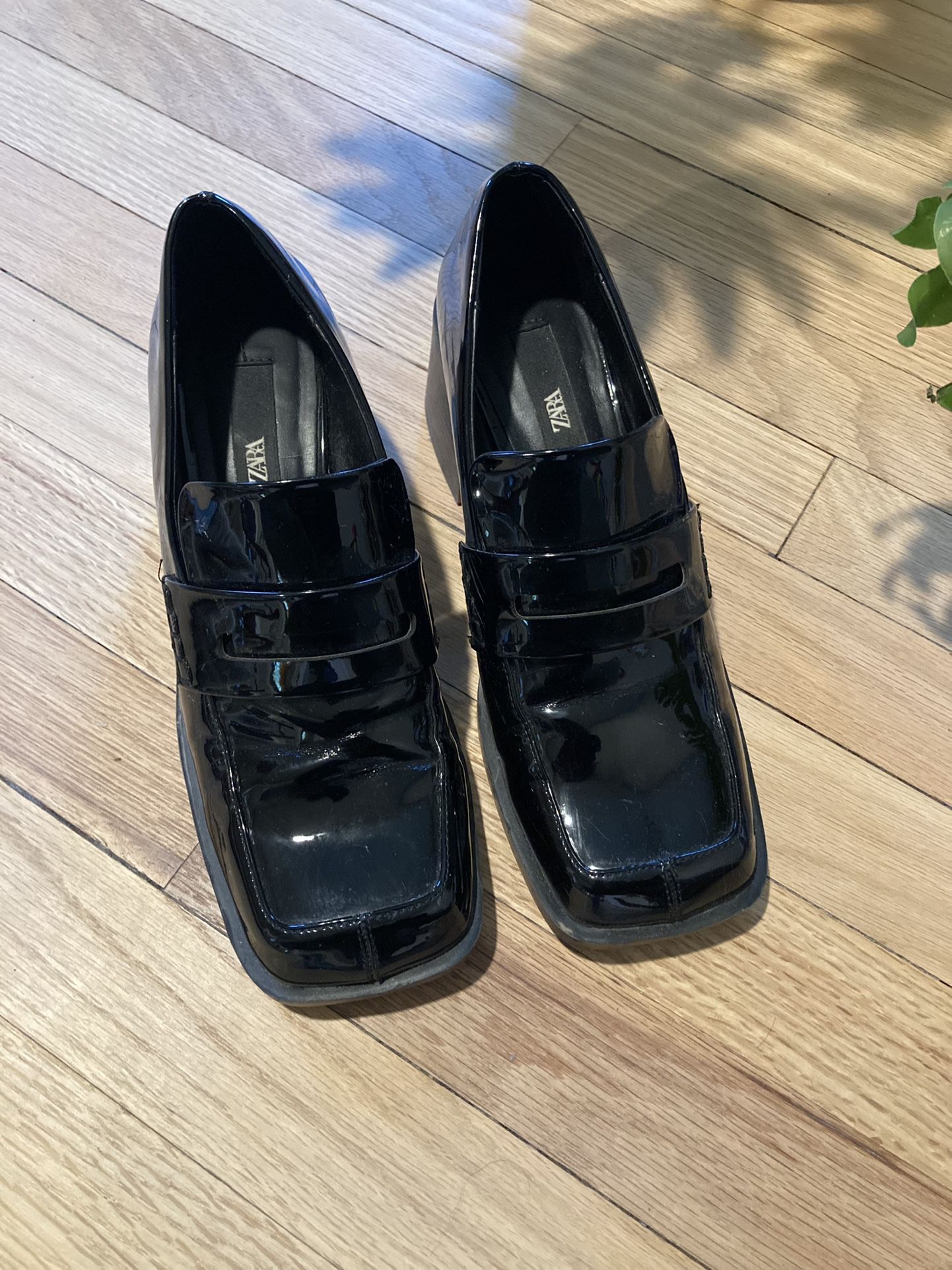 Patent Leather Block Heel Penny Loafers 