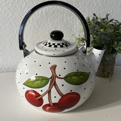 2001 MARY ENGELBREIT  INK ME Teapot Vintage Stainless Kettle Cherries Polka Dots
