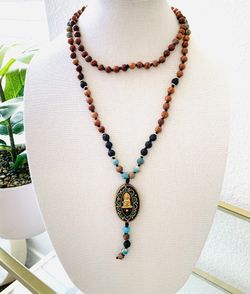 Buddhist Prayer Wood Bead Necklace