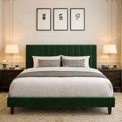Queen Bed Frame/Velvet Upholstered Bed Frame with Vertical Channel Tufted Headboard/Strong Wooden Slats/Platform Bed Frame/Mattress Foundation/Box Spr