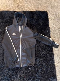 Black Adidas windbreaker jacket with white stripes, size L