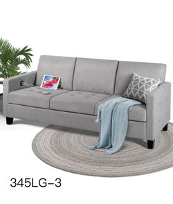 72" W 3 Seater Couch Sofa with USB Ports, Grey Comfy Couches for Small Spaces, Mid Century Modern Gray Couch for Living Room Apartment Bedroom