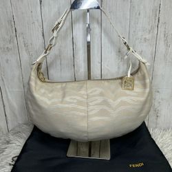 Fendi One Shoulder Bag Zebra Pattern White Canvas Logo