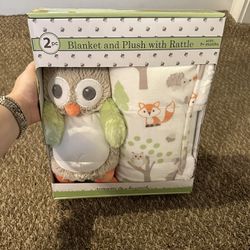 2pc Owl Blanket And Plush Toy With Rattle Baby Toy Set
