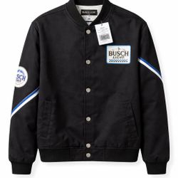 Busch Light Varsity Jacket Black Snap Button Racing Style – Men’s Medium – New With Tags 
