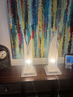 1960’s Mid- Century . Pair of vintage Hollywood Regency crackled Lucite freeform sculpture table lamps.  31” high , 10” square base . $500 for both