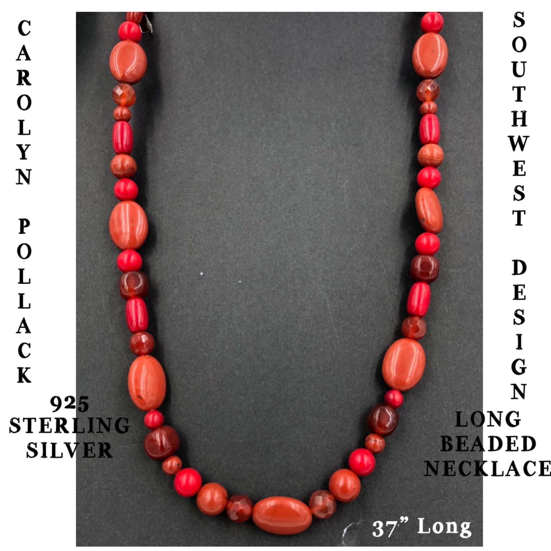 Carolyn Pollack 925 Carnelian/Coral/Red Jasper Long Beaded Necklace 37” Long