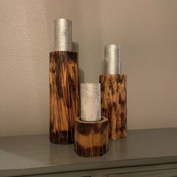 Wooden Candle Holders w/Pillar Candles-Set of 3