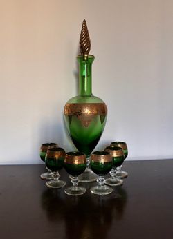 Green Glass Decanter Set with Gold Detail