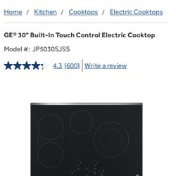GE 30" BUILT-IN TOUCH CONTROL ELECTRIC COOKTOP