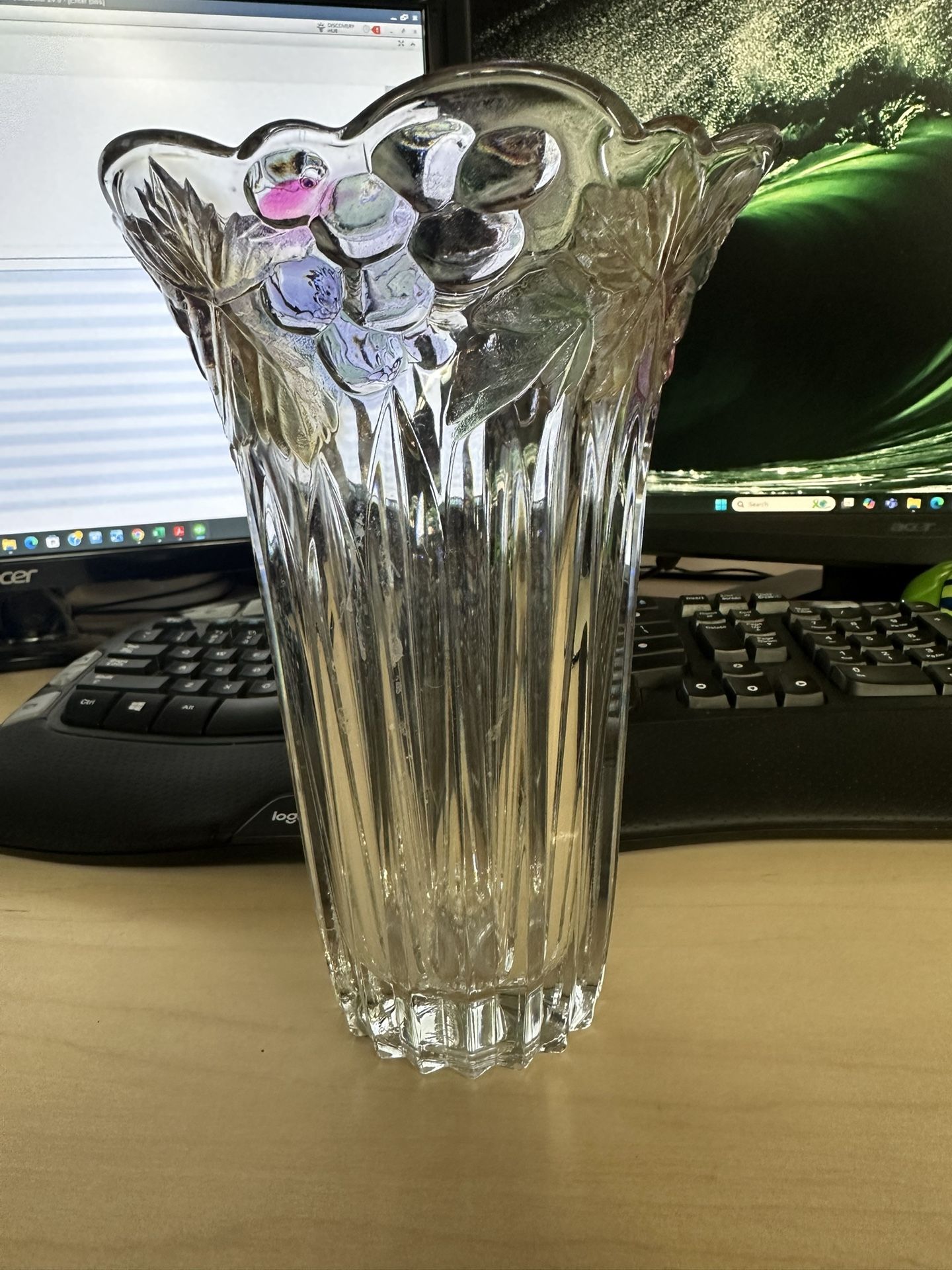 Vintage Savoir Vivre Crystal Art Nouveau Vase - Fruit Leaf Design - 8 1/4 inch