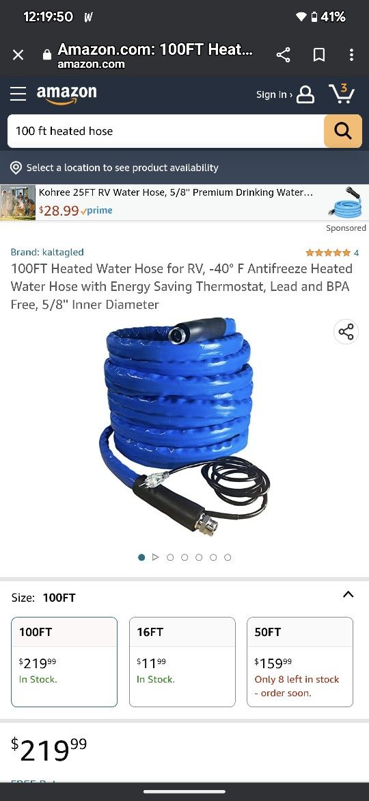 100 Ft RV Heated Water Hose