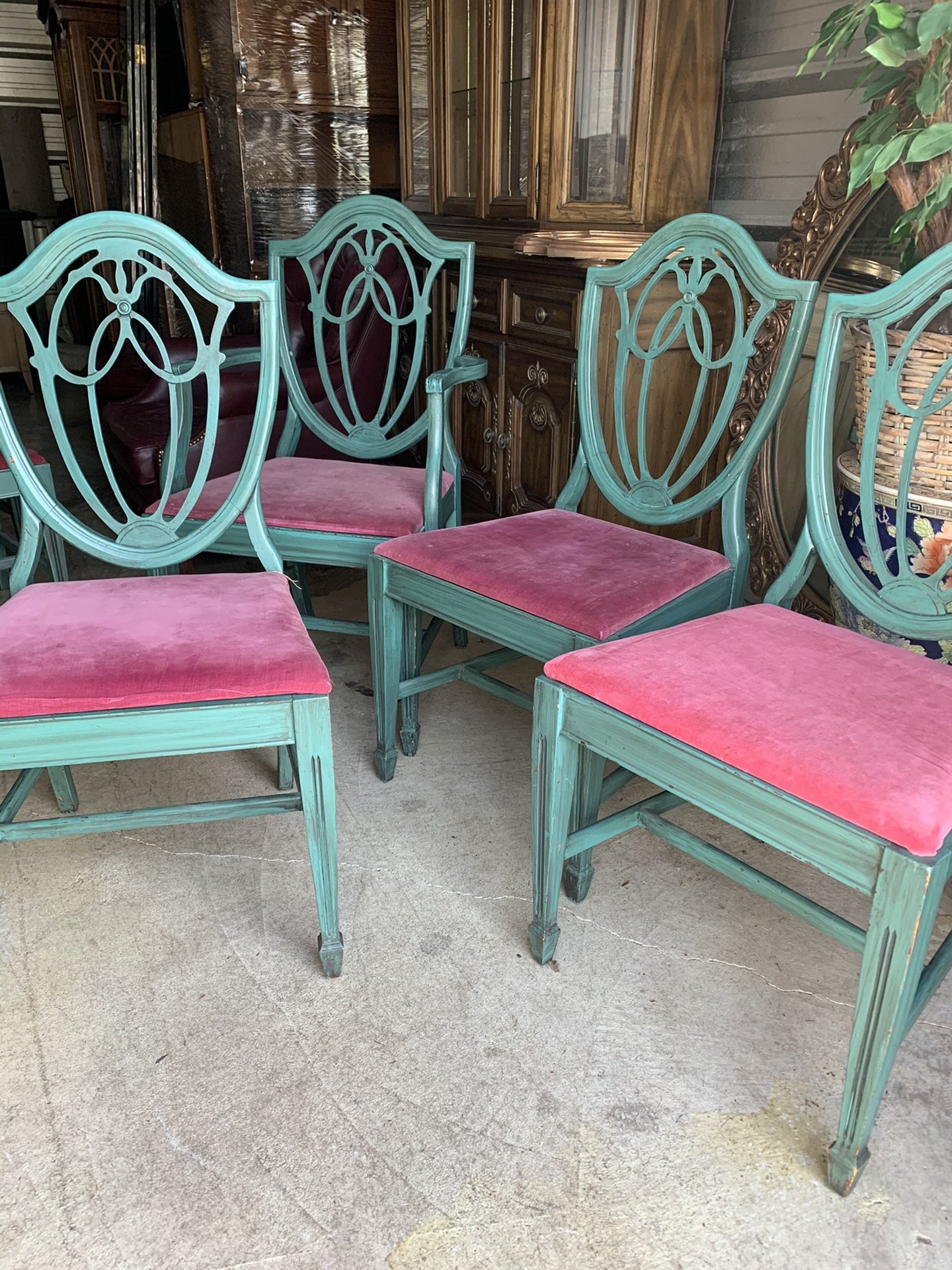 Set of 6 antique chairs, 1 w/ arms & needlepoint Seat , 5 w/o arms and velvet seat of matching color