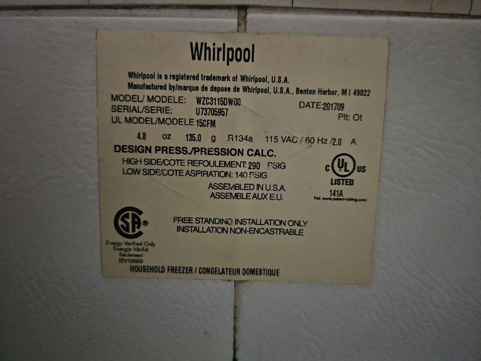 Whirlpool Freezer 