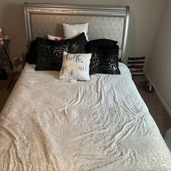 Silver Glam Queen Bed frame And Tall Dresser