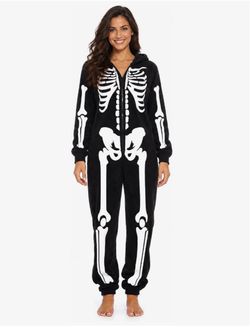 XS Women's Adult Onesie Skeleton Halloween Costume with Hood