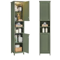 Tall Storage Cabinet with Lights, Slim Freestanding Cabinet with Adjustable Shelves, for Small Spaces, Bathroom, Living Room, Modern, 15.7 Inches Wide