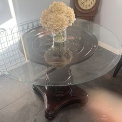 Antique Wood Carved Corinthian Column Foyer Table With Round Glass Top