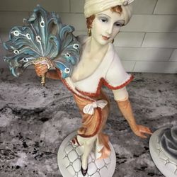 Vintage Ceramic Woman Statue Orange Dress, Peacock Fan