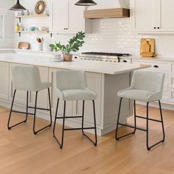 26''H Upholstered Faux Leather Bar Stools, Gray (Set of 3)