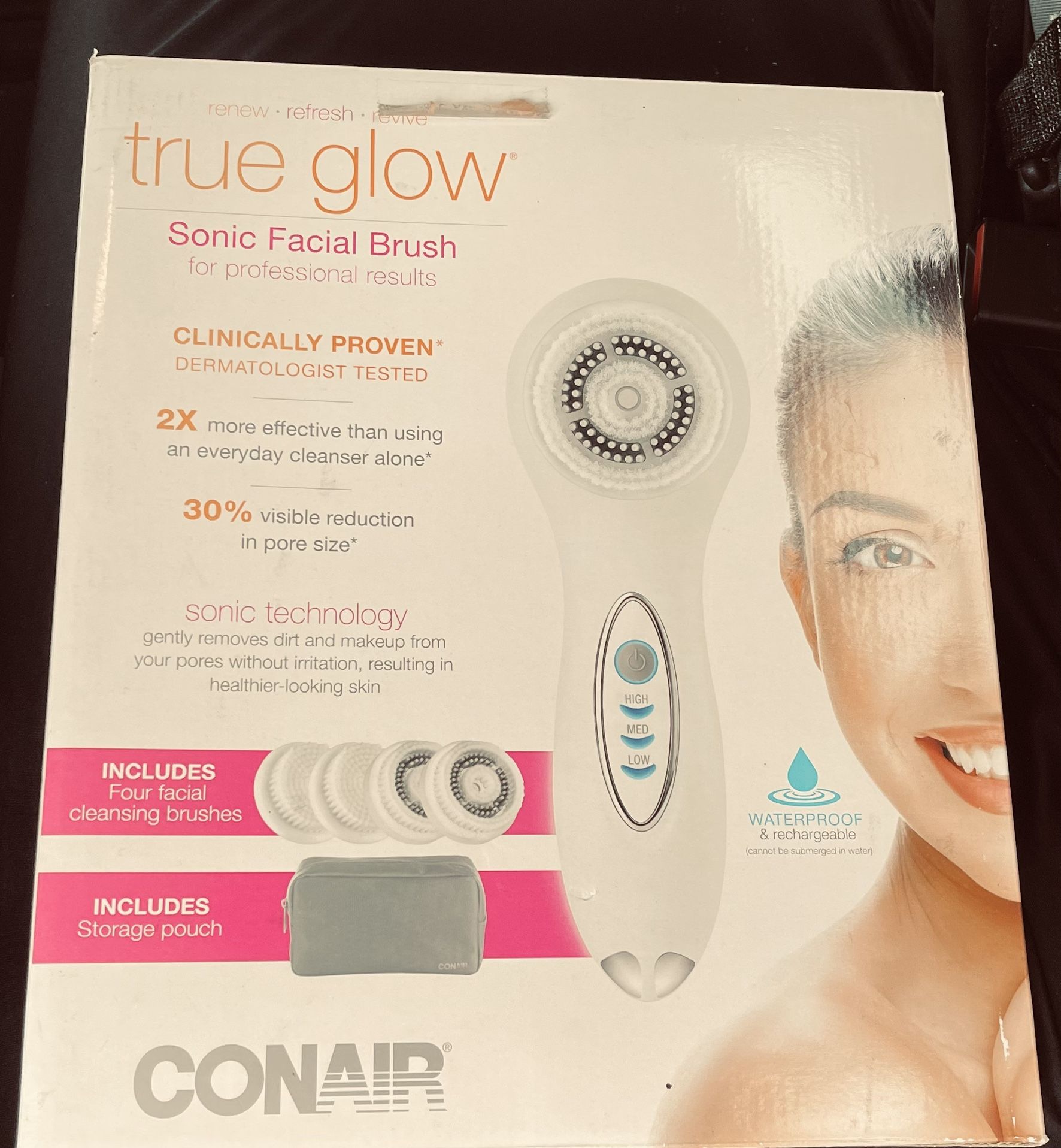 Conair TRUE GLOW SONIC FACIAL BRUSH, Waterproof, 4 Facial Brushes + Pouch