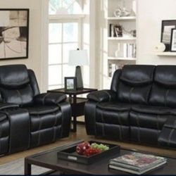 Brand New Black Leather Reclining Sofa And Loveseat