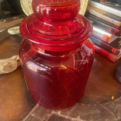 Vintage Red Hand Blown Glass Mid Century Modern Canister 