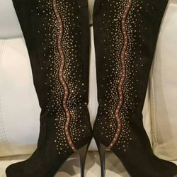 Black Stacked Suede Embellished Heel boot