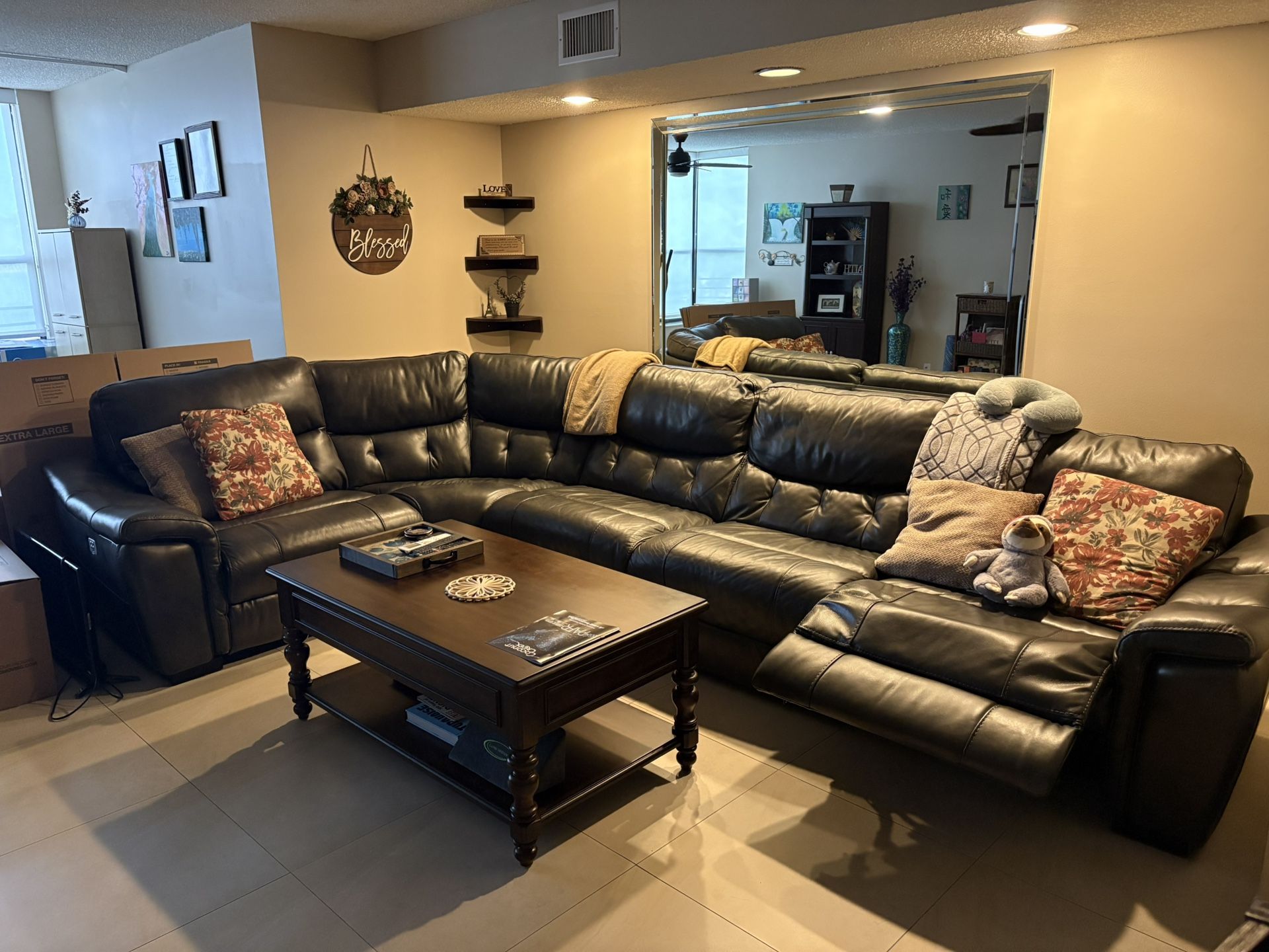 Dark Grey Leather Sectional Sofa w/ Electric Recliners