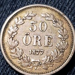 1877 Sweden 50 Ore Silver Coin *Rare E.B. Mint*