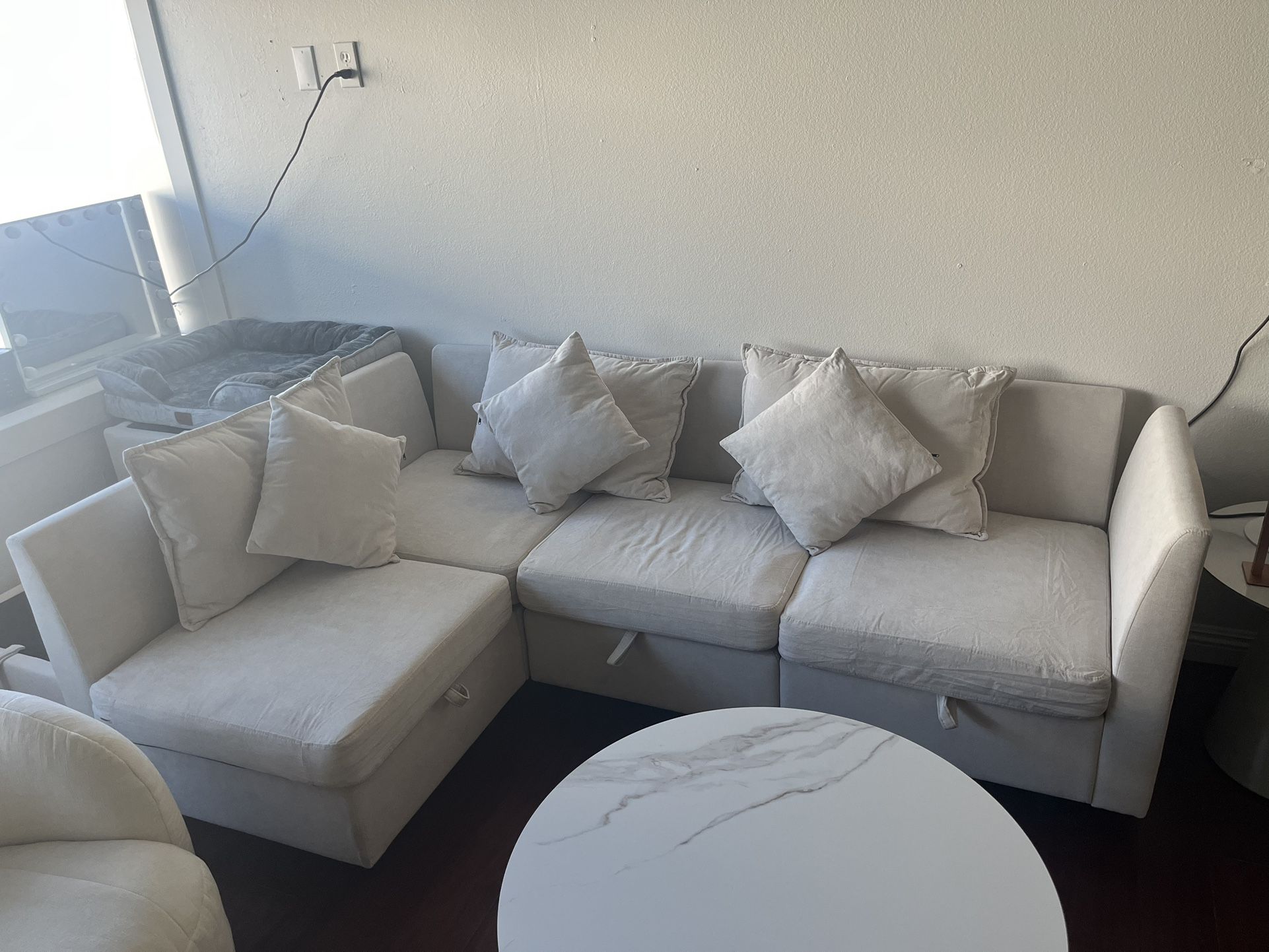 White Corner Sofa with Chaise and Storage
