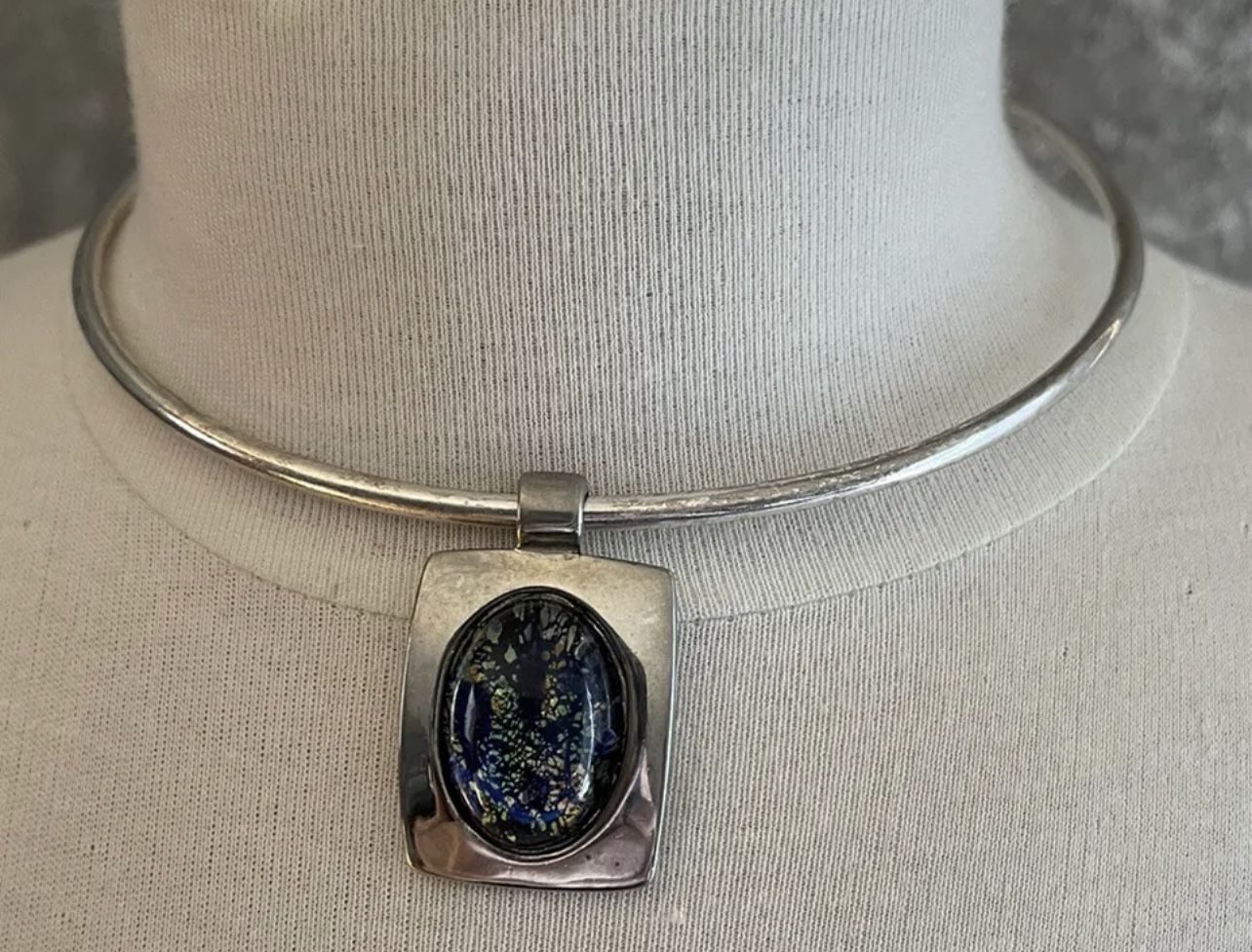 Fused Glass Dichroic Glass & Silver Pendant on Flexible Choker Necklace Vintage